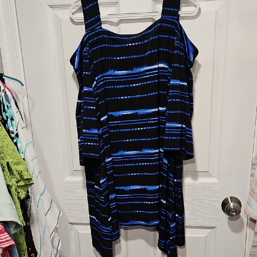 Catherines Black and Blue Striped Cold-Shoulder Blouse